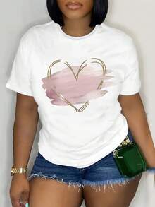 Camiseta de talla grande a la moda con estampado de corazones y mangas cortas. - Blanco - Ver 2