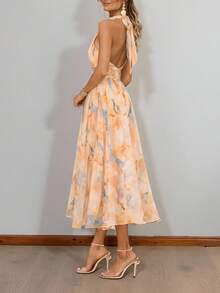 Vestido largo primavera cuello colgado sin mangas estampado estilo europeo elegante para vacaciones - Naranja - Ver 5