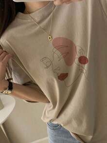 Camiseta de manga corta con cuello redondo y estampado, de corte holgado para mujer, camisetas gráficas de verano para mujer - Caqui - Ver 4