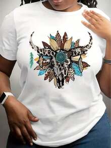 Women's Clothing Casual T-Shirt For Women With Cow Skull Print With Feathers And Leopard Boho Style For Daily Wear Women's Shirts - 白色 - 查看 1