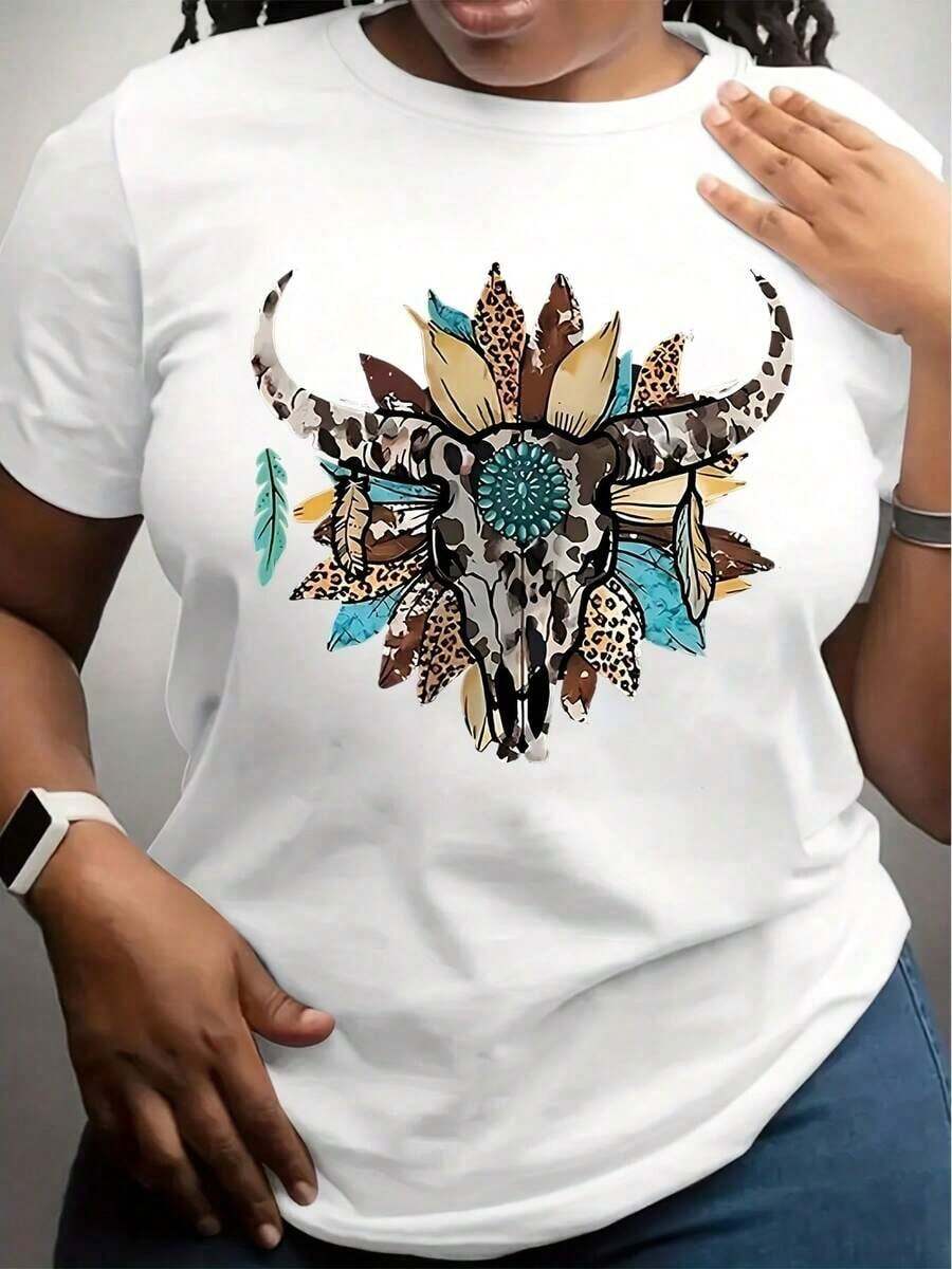 Women's Clothing Casual T-Shirt For Women With Cow Skull Print With Feathers And Leopard Boho Style For Daily Wear Women's Shirts - 白色 - 查看 1