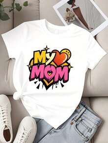 Women's Crew Neck T-Shirt With My Mom's Heart Print, Pop Art Style, Short Sleeve, Casual Wear For Mother's Day Gifts - 白色 - 查看 2