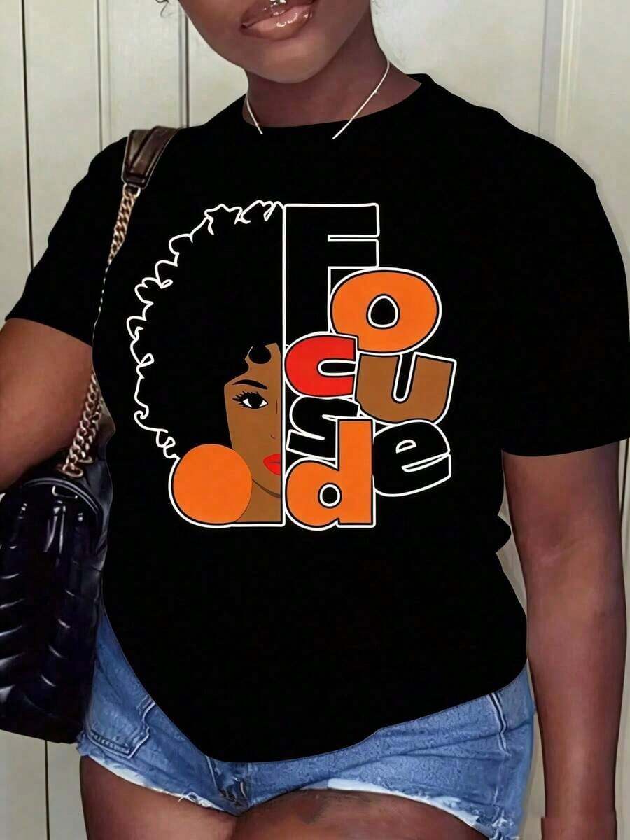1 pieza de camiseta para mujer, camiseta "Focused Girl" afroamericana, (1 pieza) 100% algodón, camiseta casual estampada, cuello redondo, manga corta, camiseta de algodón, para regalo, verano, unisex, 180g 100% algodón, todos los patrones están impresos. Unisexo. - Negro - Ver 1