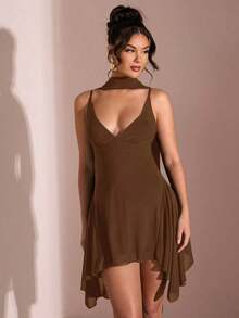 Vestido corto de gasa con escote en V profundo y cinta de color negro sólido, adecuado para citas diarias, salidas nocturnas, discotecas, fiestas, reuniones, fiestas de cóctel, monos de vacaciones, fiestas en la piscina, ropa de oficina, vestidos para ir y venir - Marrón - Ver 7