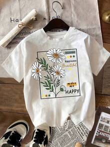 Camiseta Casual de Manga Corta para Mujer - Estampado Floral y de Letras Inspiradoras, Cuello Redondo Semitransparente, Camiseta de Verano Transpirable, Blusa Blanca Lavable a Máquina para Atuendo Casual, Camisetas para Mujer, Camiseta con Diseño Divertido, Camiseta de Tela Suave, Camiseta Y2k - Blanco - Ver 1