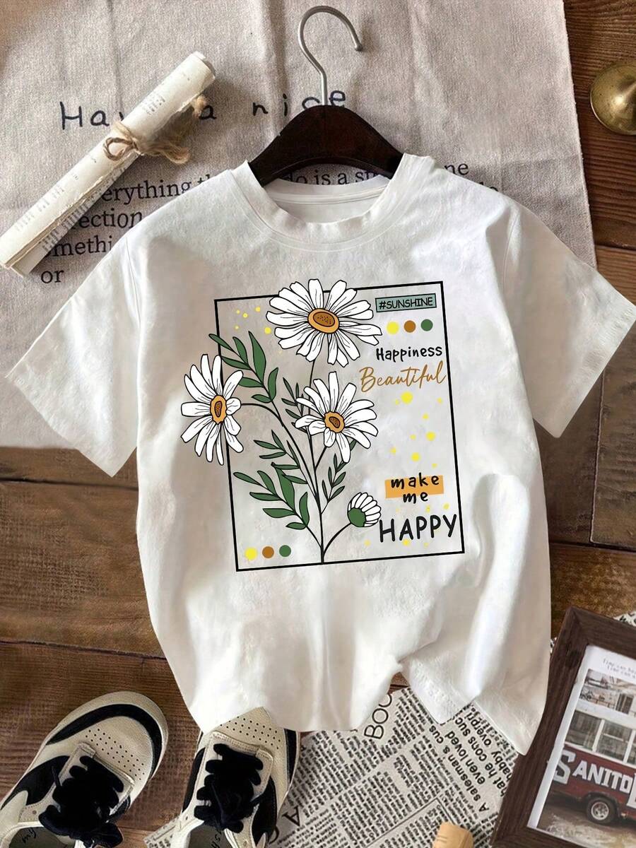 Camiseta Casual de Manga Corta para Mujer - Estampado Floral y de Letras Inspiradoras, Cuello Redondo Semitransparente, Camiseta de Verano Transpirable, Blusa Blanca Lavable a Máquina para Atuendo Casual, Camisetas para Mujer, Camiseta con Diseño Divertido, Camiseta de Tela Suave, Camiseta Y2k - Blanco - Ver 1