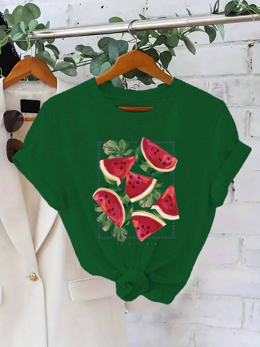 Soft 100% Cotton Plus Size T-Shirt - Casual And Stylish Women's T-Shirt With A Summer Print Design Featuring Watermelon Slices And Green Leaves. Breathable Cotton T-Shirt, Goes With Everything. - 綠色 - 查看 1