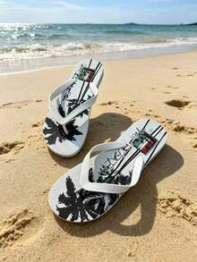 Men's Fashion Slippers With Coconut Tree & Letter Design, Casual Flip Flops For Beach, Party, Home & Outdoor, Summer - White a - View 9