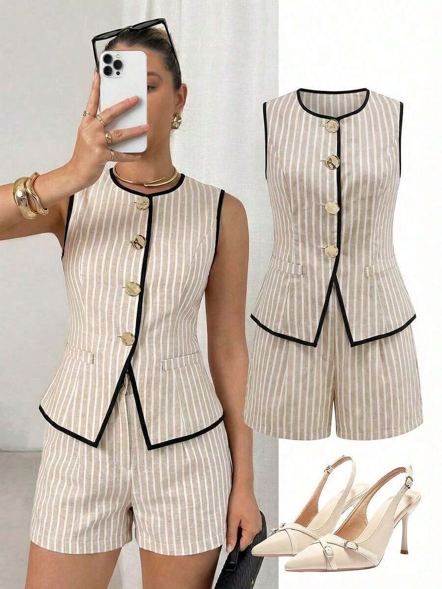 Conjunto de 2 piezas para mujer: Chaleco de metal de un solo pecho y shorts para el verano - Caqui - Ver 1