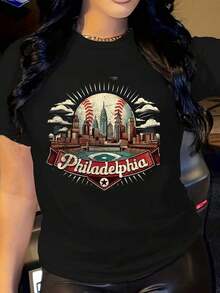 Vintage Short-Sleeved T-Shirt With Philadelphia Baseball Fans Print, Round Neck, Summer Soft Top For Women, Stylish And Comfortable Women's T-Shirt, Casual Graphic Tees. - 黑色 - 查看 6