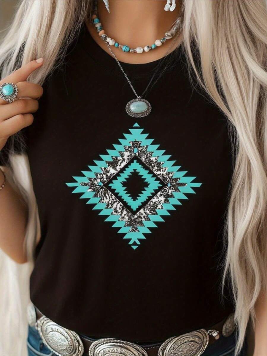 Camiseta de manga corta para mujer - Camiseta negra con patrón de diamantes del suroeste, cuello redondo informal, tela elástica y suave, lavable a máquina, top de moda para todas las estaciones, ropa moderna, camiseta estampada personalizada, ajuste cómodo, regalo para el Día de San Valentín y el Día de San Patricio.