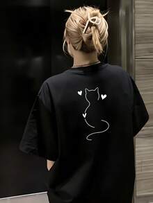 1 camiseta de manga corta para mujer con estampado de gato y corazón, 100% algodón, unisex, disponible en blanco, rojo, gris claro y gris oscuro, estilo casual clásico, regalo - camiseta unisex de manga corta, cuello redondo, estilo vintage urbano, holgada. - Negro - Ver 7