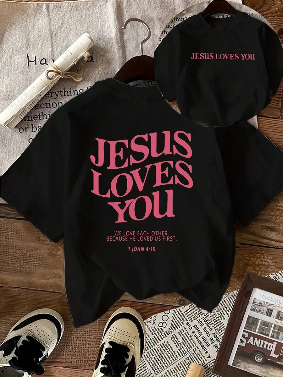 Women's 100% Cotton T-Shirts 2026 Letter Print T-Shirt, Short Sleeve, Round Neck, Casual Top, Korean Style Women's Clothing - Black - View 1