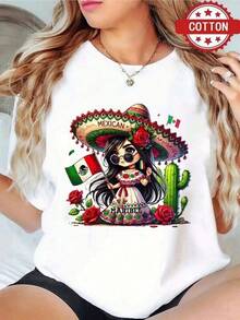 Camiseta de manga corta con estampado de cactus y bandera mexicana, diseño de chica de dibujos animados, 100% algodón, agradable al tacto, transpirable, cuello redondo, estilo patriótico de la cultura latinoamericana, unisex, atuendo temático del Día de la Independencia de México / Día de los Muertos, camisa casual versátil para el día a día / desfiles festivos / reuniones familiares, para entusiastas de la cultura mexicana / diseño personalizado. - Negro - Ver 1