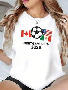 Símbolos de unión deportiva entre Canadá Estados Unidos y México celebración de la pasión por el fútbol y el espíritu norteamericano rumbo al año 2026 camiseta de mujer moderna cómoda para uso diario - Negro - Ver 1