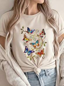 Camiseta Deportiva Casual de Alta Calidad para Mujer al por Mayor, Camiseta para Mujer, Deportes y Fitness, Salidas Casuales, Fiesta Universitaria, Diseño Mariposa y Enredadera, Nueva Llegada 2026 - 100% Algodón Transpirable - Verde - Ver 10