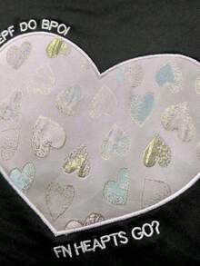 Women's Casual Round Neck T-Shirt, Sparkly Heart Print With Sequin Effect, Versatile And Modern Blouse, Slightly Stretchy Fabric, Ideal For Everyday Wear. - 黑色 - 查看 5