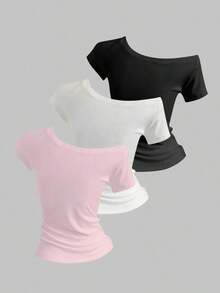 3 piezas Camisetas ajustadas con cuello asimétrico para mujer, tops básicos con cuello asimétrico en negro, blanco, rosa - Multicolor - Ver 2