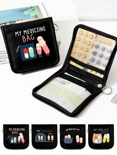 1 pieza Botiquín médico portátil impreso con "My Medicane Bag" y patrón de pastillas, bolsa de medicina portátil para camping, botiquín de primeros auxilios compacto, versión de bolsa de almacenamiento portátil para viajes y hogar, bolsa de medicina pequeña, kit de medicina conveniente, kit de emergencia, disponible en varios colores, para uso diario/al aire libre/viajes, artículos esenciales para volver a la escuela, esencial para usuarios conscientes de la salud y en movimiento, accesorio médico imprescindible, organizador de atención médica diaria