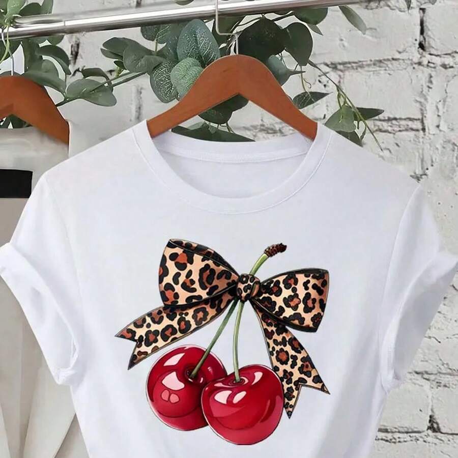 Women's Short-Sleeved T-Shirt With A Cherry Print And Crew Neck, A Casual Style Ideal For Spring And Summer. This Soft 220g Cotton T-Shirt Is Made From A Premium, Durable, And Comfortable Fabric That Flatters All Body Types And Is Perfect For Everyday Wear. Breathable And Lightweight, These Casual T-Shirts Are Ideal For Stylish Autumn Outfits And Perfect For Everyday Wear, Outdoor Activities, Travel, Vacations, And Themed Parties Year-Round. - 白色 - 查看 1