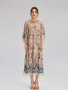 Rich Radi Q's Elegant Women's Embroidered Mesh Dress With Waist Tie, Round Neck Design, Contrast Lace, Decorated With 3D Rose Details, Suitable For Mother's Day - Apricot - View 3
