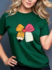 Women's Casual Summer T-Shirt With Pencil Bow Print, Machine Washable, Stretchy Fabric, Ideal For Everyday Wear And Lounging At Home, Versatile Garment, Couple's T-Shirt, Nian Nian Direction, Circles - 綠色的 - 查看 1