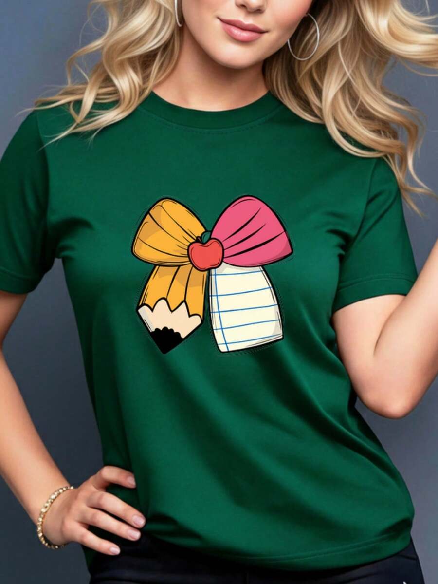Women's Casual Summer T-Shirt With Pencil Bow Print, Machine Washable, Stretchy Fabric, Ideal For Everyday Wear And Lounging At Home, Versatile Garment, Couple's T-Shirt, Nian Nian Direction, Circles - 綠色的 - 查看 1