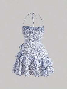 Vestido mini con cuello halter romántico y de moda para mujer - Azul y blanco 2 - Ver 2