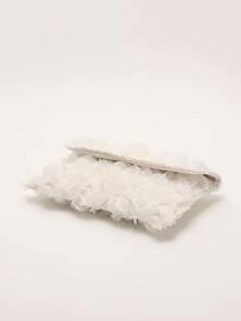 1个白色3D玫瑰花信封包，清新时尚，浪漫婚礼季新娘包，夏季旅行沙滩休闲手拿包（花朵图案随机裁剪） - 白色 - 查看 6