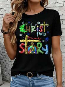Camisetas de manga corta para mujer en blanco y negro son adecuadas para el ocio diario, el hogar y los viajes al aire libre. Camiseta con diseño colorido y símbolos religiosos de la Escena - Negro - Ver 7