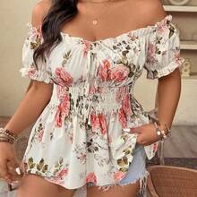Plus Size Women Off-Shoulder Cinched Waist Floral Print Elegant Fashionable Blouse Top, Suitable For Date, Travel And More, Spring/Summer - Azul y blanco - Ver 7
