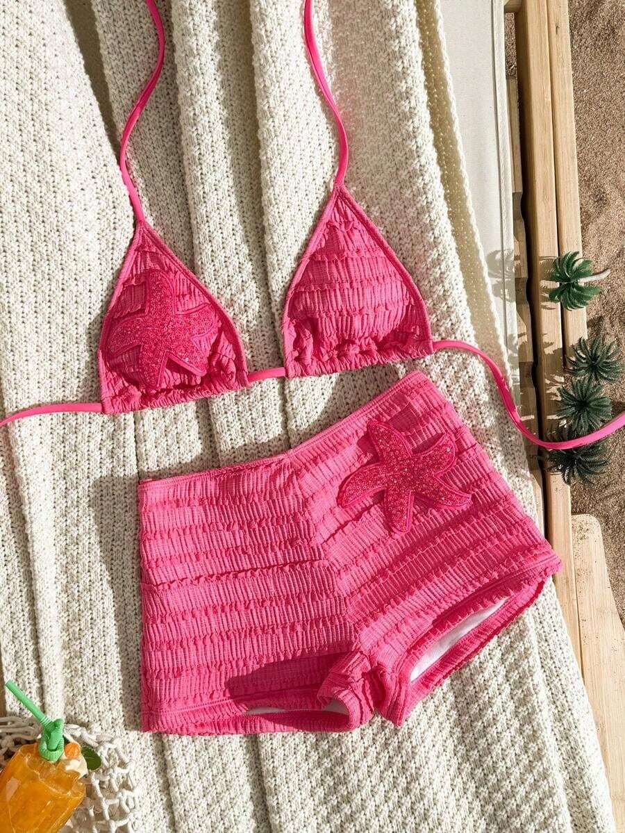 Swim Vcay Nuevo conjunto de traje de baño de 2 piezas para mujer con pantalón de pierna recta y top de atar en el cuello, con accesorios decorativos de tela texturizada multicolor con estrellas de mar, para vacaciones en la playa - Rosa Fucsia - Ver 1