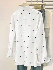 Camisa polo de manga larga con bolsillo y estampado de corazón de unicolor básico casual para mujer, adecuada para uso diario en , verano y otoño - Blanco - Ver 8