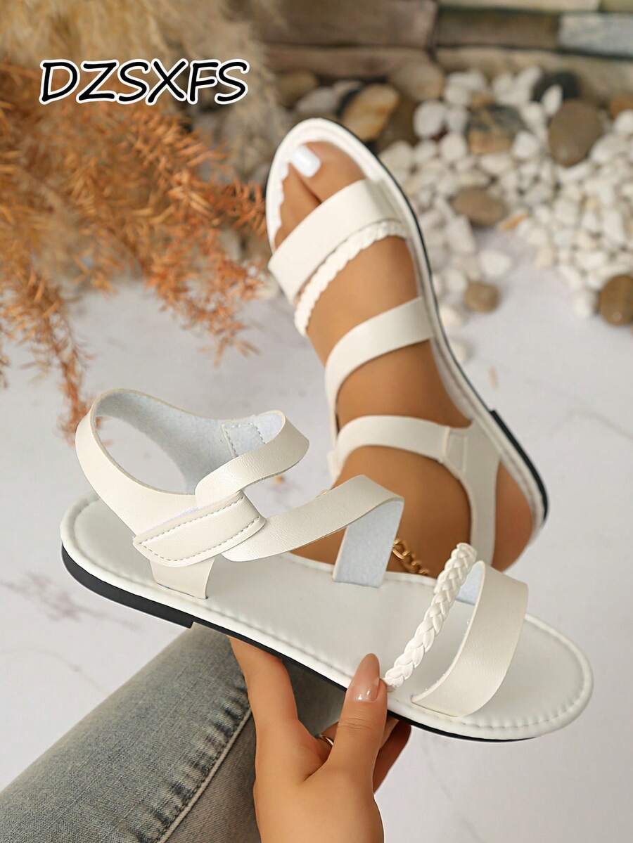 Women's Woven Strap Decor Flat Sandals, Casual Hook And Loop Sandals
