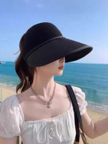 1pc Women's Solid Color Knitted Wide Brim Sun Hat, Breathable Mesh Top, Suitable For Hiking, Travel, Outdoor Activities, Spring/Summer Beach Vacation Design - Multicolor - View 3