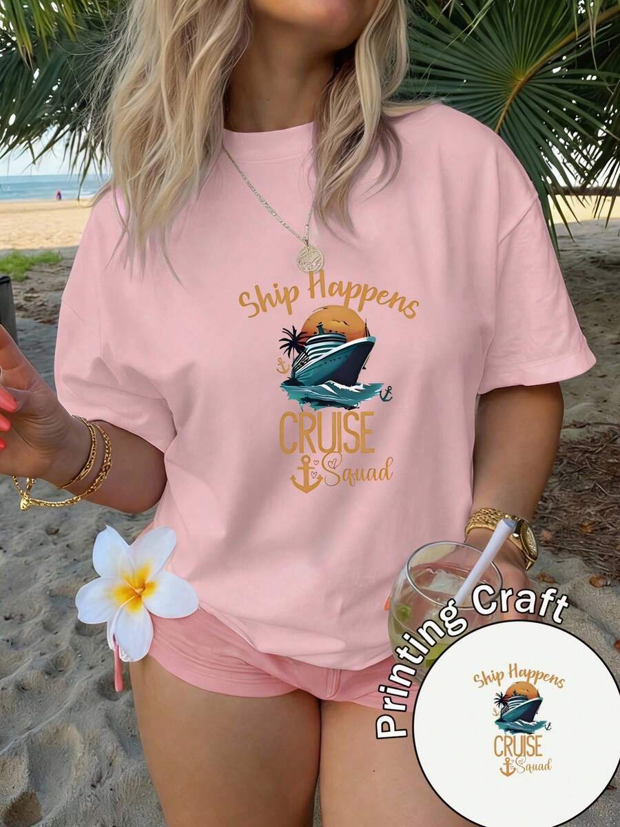 Camiseta de mujer manga corta 100% poliéster, cuello redondo, estampado romántico de letras y postres al estilo francés, estilo casual, lavable a máquina, verano 2026, ideal para viajes y uso diario - Rosa - Ver 1