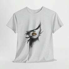 Abstract Golden Lips Art T-Shirt, Modern Minimalist Design, Loose Fit Retro Tee - White 3 - View 6