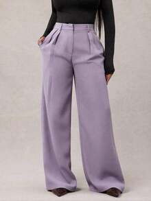 Pantalones anchos de pierna ancha de color café oscuro de moda minimalista para mujeres, pantalones de oficina de pierna ancha de color marrón para mujeres con cintura alta, pantalones de traje marrón para otoño/invierno - Púrpura polvoriento - Ver 1