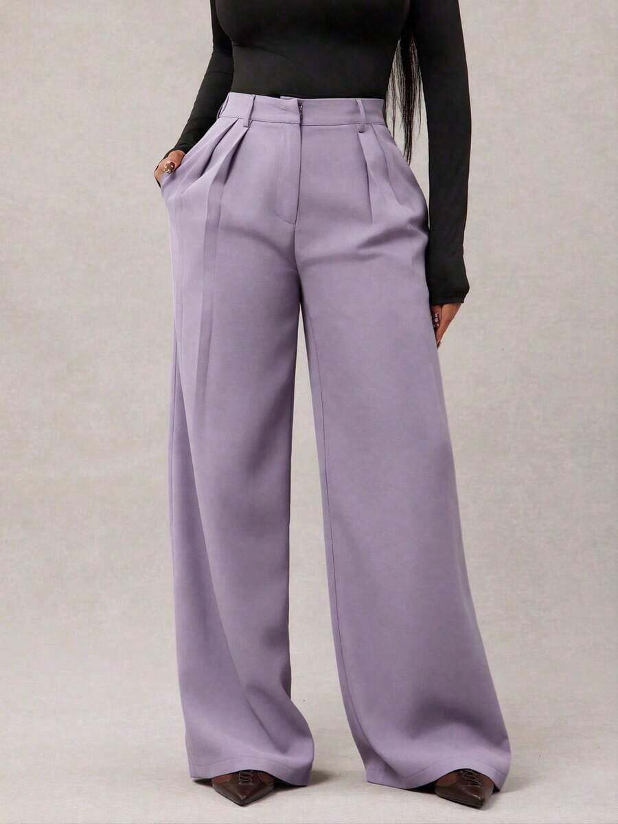 Pantalones anchos de pierna ancha de color café oscuro de moda minimalista para mujeres, pantalones de oficina de pierna ancha de color marrón para mujeres con cintura alta, pantalones de traje marrón para otoño/invierno - Púrpura polvoriento - Ver 1