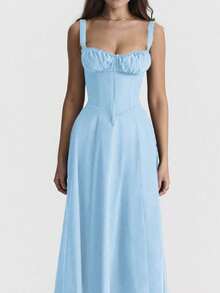 French-Style Long Strapless Dress With Soft Flowers - Blue - View 2