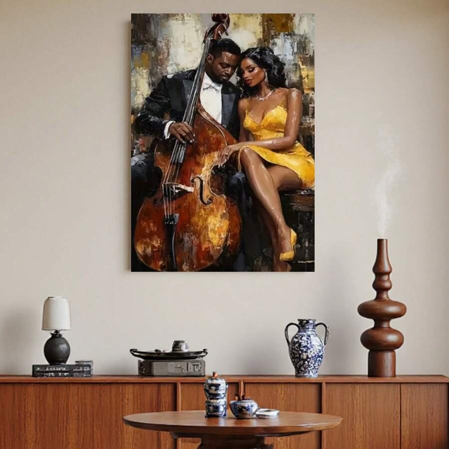 Enmarcado Póster de lienzo con marco de para pareja elegante en 2D, 1 pieza, , pintura romántica con temática musical para el Día de la Madre, regalo de San Valentín, decoración del hogar para interiores y exteriores (estilo moderno/clásico/art déco), decoración africana para el hogar, acento artístico para la habitación. - Enmarcado - Ver 1