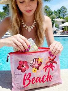 Multi-Color Waterproof Fashion Mesh Fabric Beach Bag, Make Up Bag With Color "Beach"Printing, Frangipani, Hibiscus, Starfish, Seashell, And Pearl Elements, Beach Theme. Large Capacity Transparent Cosmetic Bag, Toiletry Bag With Nylon Zipper - Lightweight, Storing Sunscreen, Snacks, Bikinis, And Beach Essentials. - Multicolor - View 1