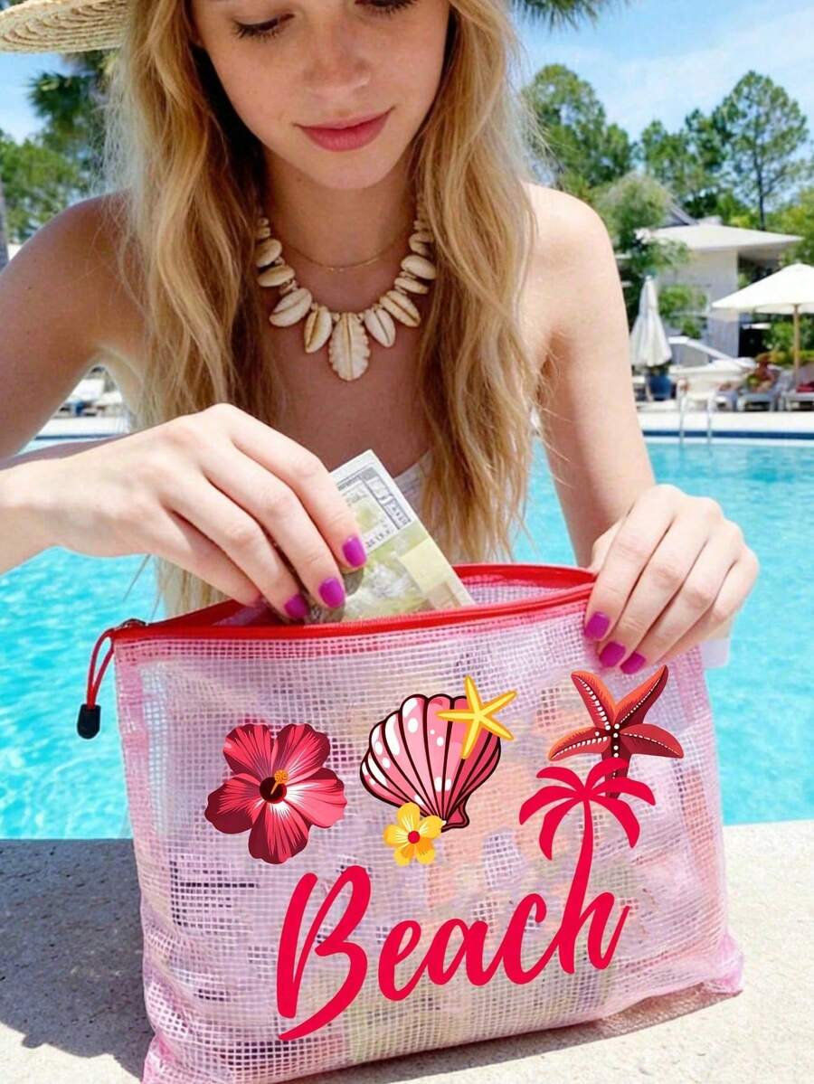 Multi-Color Waterproof Fashion Mesh Fabric Beach Bag, Make Up Bag With Color "Beach"Printing, Frangipani, Hibiscus, Starfish, Seashell, And Pearl Elements, Beach Theme. Large Capacity Transparent Cosmetic Bag, Toiletry Bag With Nylon Zipper - Lightweight, Storing Sunscreen, Snacks, Bikinis, And Beach Essentials. - Multicolor - View 1