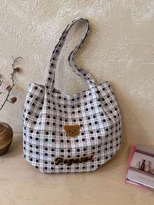 New Plaid Canvas Tote Bag, Large Capacity, Cute Bear Head Embroidery, Versatile Shoulder Bag For Students And Commuting - Multicolor - View 9