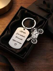 1pc Motorcycle Street Stainless Steel Keychain, All-Season Keychain Gift, Engraved "Drive Carefully" Military Tag Motorcycle Keychain Pendant - Silver - View 4
