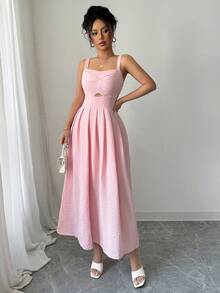 Lily House Women's Summer Pink Square Neck Cutout Pleated Mini Dress, Lightweight Elegant Casual For Beach Vacation Graduation Party - Pink - View 5