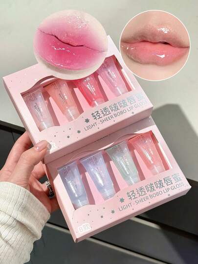 Bộ 4 son bóng trong suốt, mặt nạ dưỡng ẩm không bết dính cho môi, thích hợp cho mùa thu/đông.