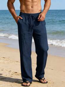 Men's Summer Solid Color Linen Pants | Lightweight Beach Holiday Trousers | American Sporty Casual Pants | Straight Cut Relaxed Fit | Drawstring Waist Design | Breathable, Suitable For Spring/Summer Commuting, Holiday, Fitness, Vacationcore - Navy Blue - View 3