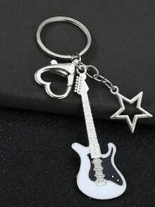 Guitar Shaped Keychain, Star & Heart Pendant Ornament, Unique Personalized Bag Charm Gift For Best Friend - White - View 4