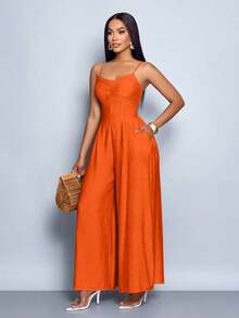 Mono de pierna ancha con escote drapeado, cuello drapeado, cordones en la espalda para mujer, para uso diario y vacaciones - Naranja - Ver 4